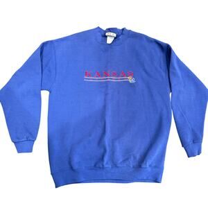 VTG Kansas University KU Jayhawks Pullover Sweatshirt Mens Size L Blue Stitched